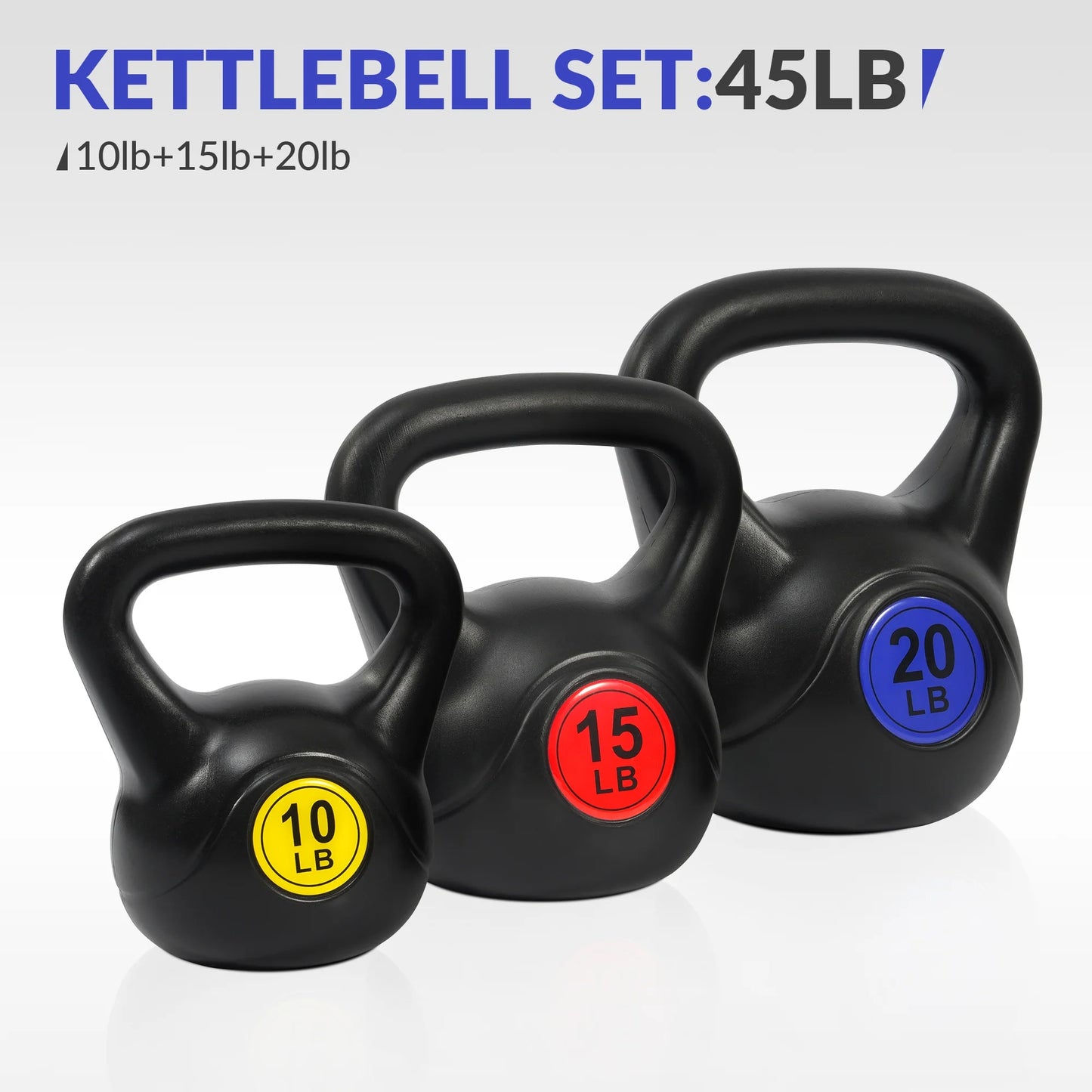 Wide Grip Kettlebell Fitness Set - 3-Piece Collection (10 lb, 15 lb, and 20 lb)
