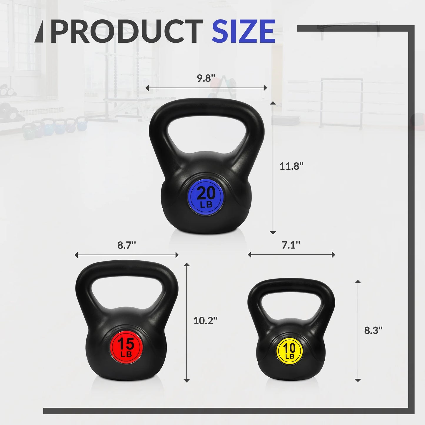 Wide Grip Kettlebell Fitness Set - 3-Piece Collection (10 lb, 15 lb, and 20 lb)