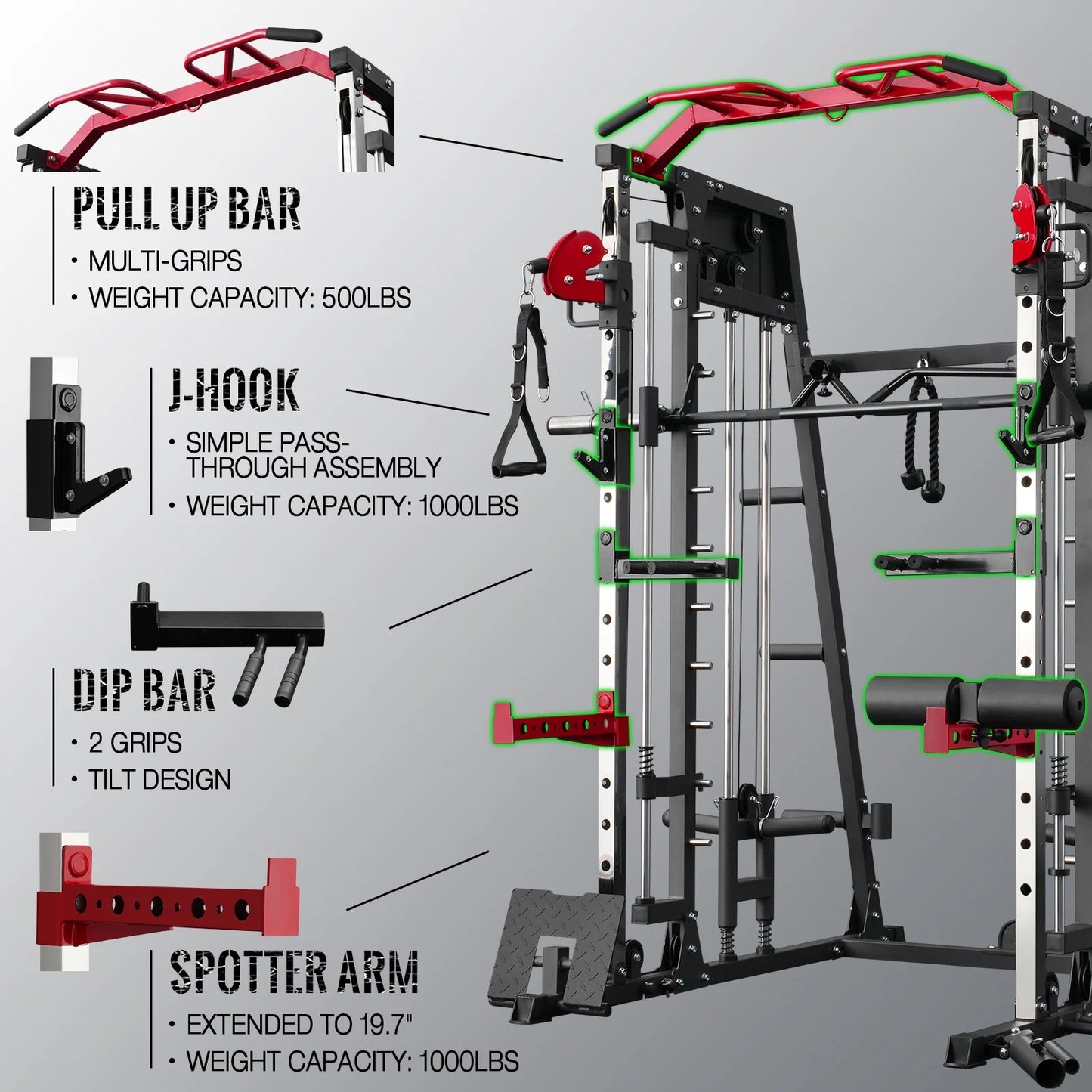 Smith Machine Home Gym System - 2200 lbs Power Rack with Cable Crossover, Weight Bar, 360° Landmine, Barbell Holders, and Additional Attachments for Comprehensive Total Body Strength Training