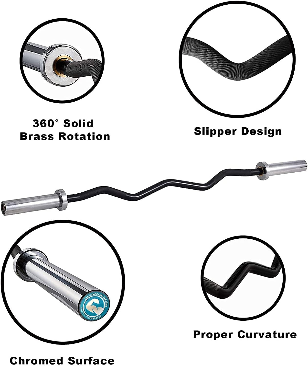 Olympic Barbell - 47 Inch (4 Ft) 350 lb / 86 Inch (7 Ft) 1500 lb EZ Curl Weight Bar, Chrome Finish for Home and Gym Strength Training, Weightlifting, and Powerlifting