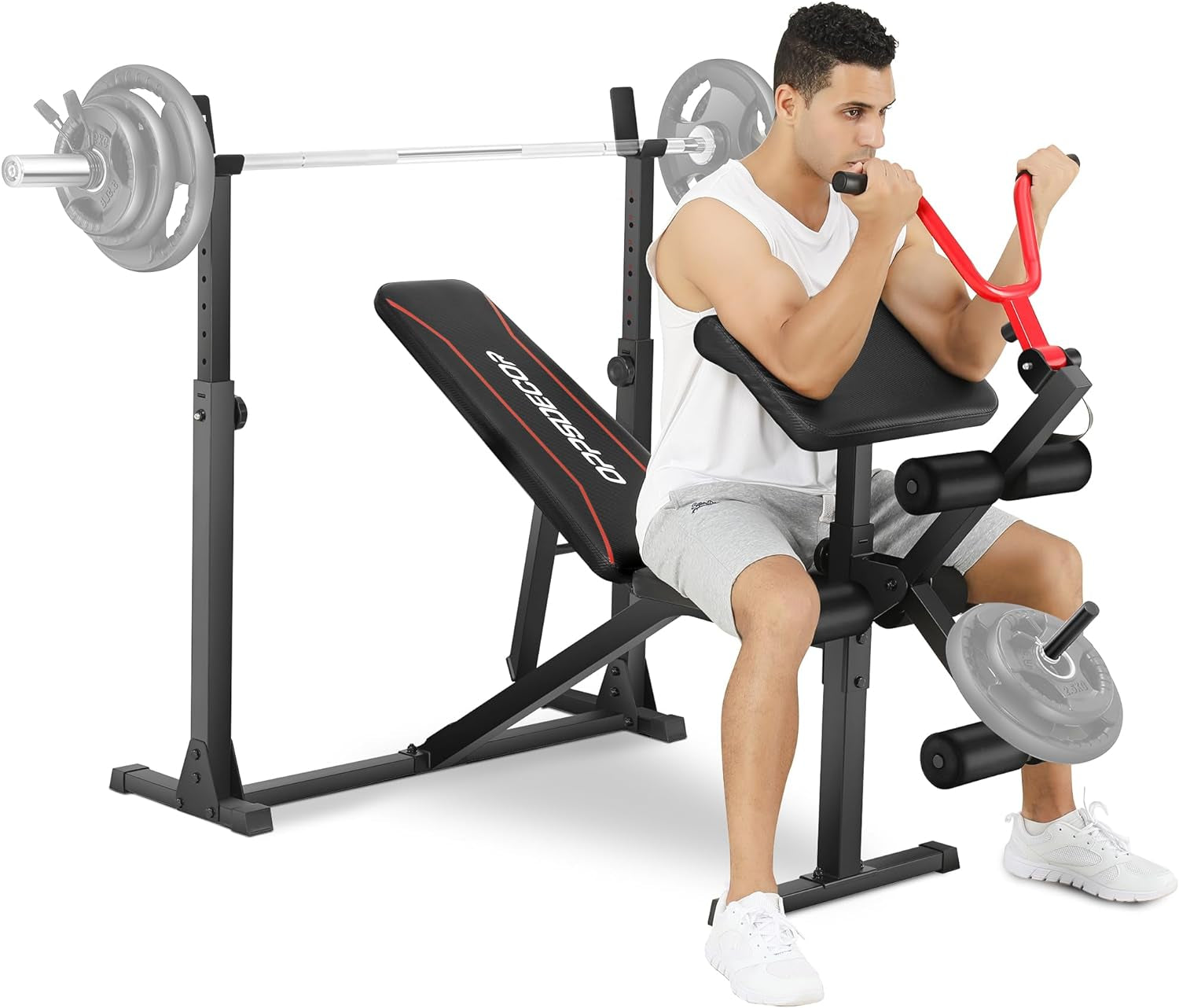 900 lbs Weight Bench Set with Squat Rack, Preacher Curl, and Leg Extension for Comprehensive Home Gym Workouts