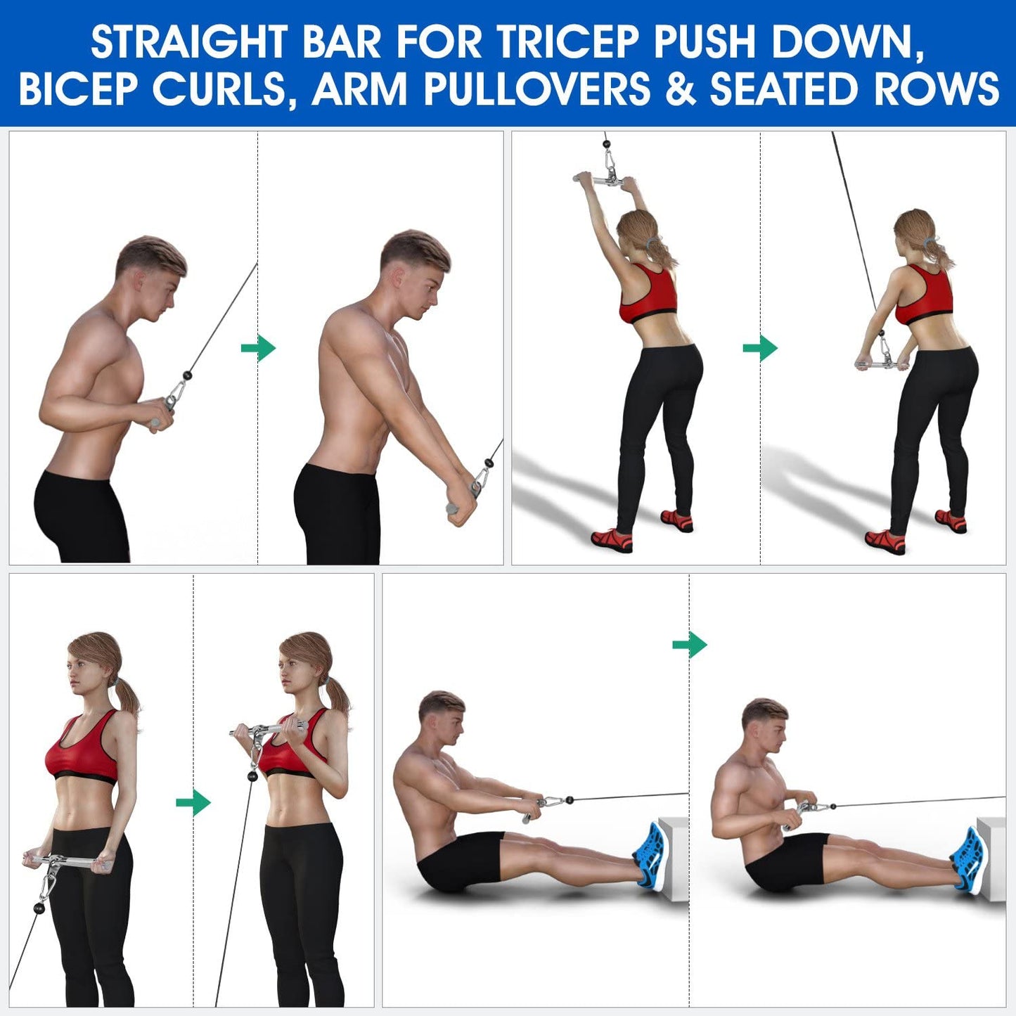 Cable Machine Attachments Set: Row Handles, Tricep Rope, Straight Bar, V Bar, and LAT Pulldown Accessories for Home Gym - Supports Up to 880 lbs
