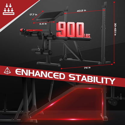 900 lbs Weight Bench Set with Squat Rack, Preacher Curl, and Leg Extension for Comprehensive Home Gym Workouts