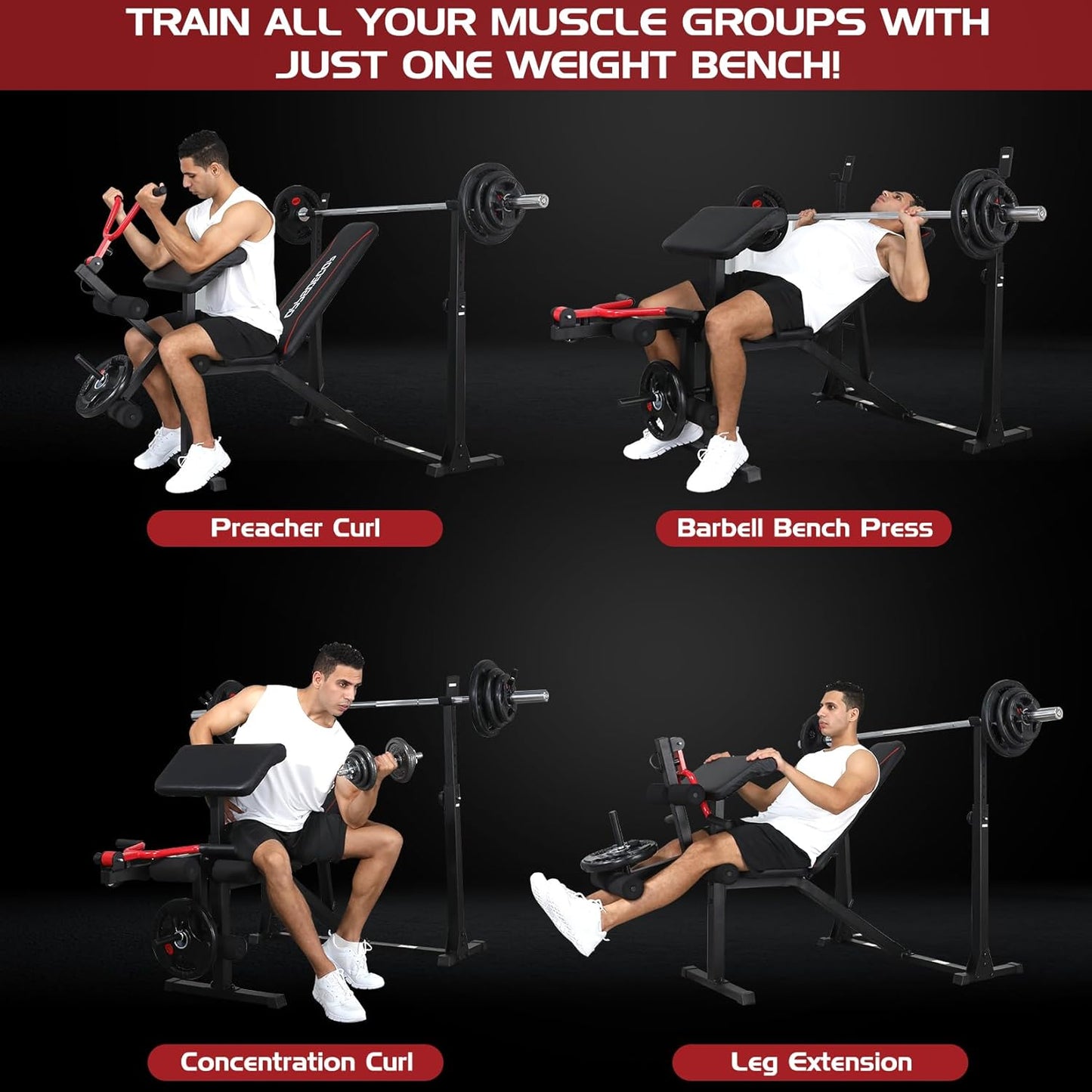 900 lbs Weight Bench Set with Squat Rack, Preacher Curl, and Leg Extension for Comprehensive Home Gym Workouts