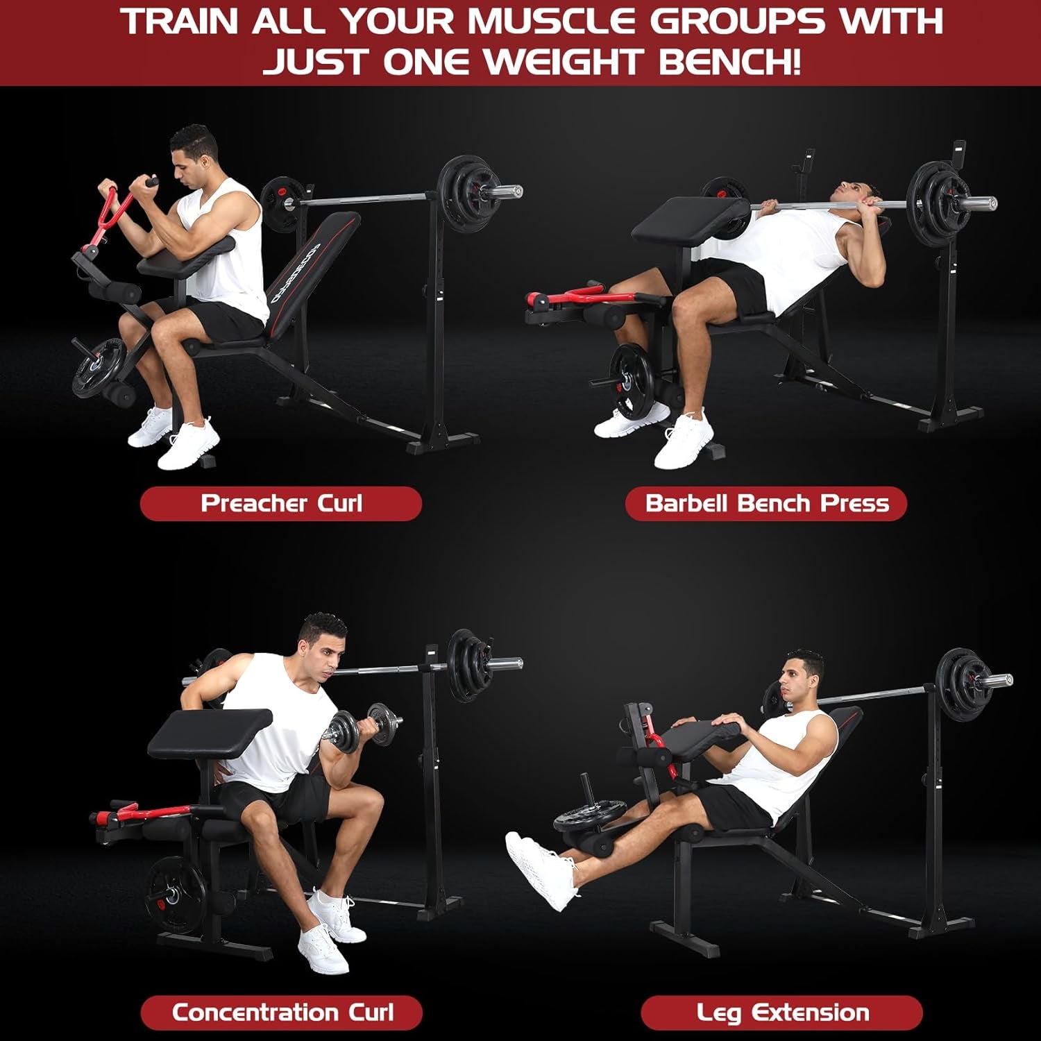 900 lbs Weight Bench Set with Squat Rack, Preacher Curl, and Leg Extension for Comprehensive Home Gym Workouts