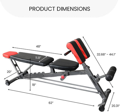 Versatile FID Weight Bench for Comprehensive Body Training – Includes Hyper Back Extension, Roman Chair, Adjustable Ab Sit-Up Bench, Incline/Decline Bench, and Flat Bench