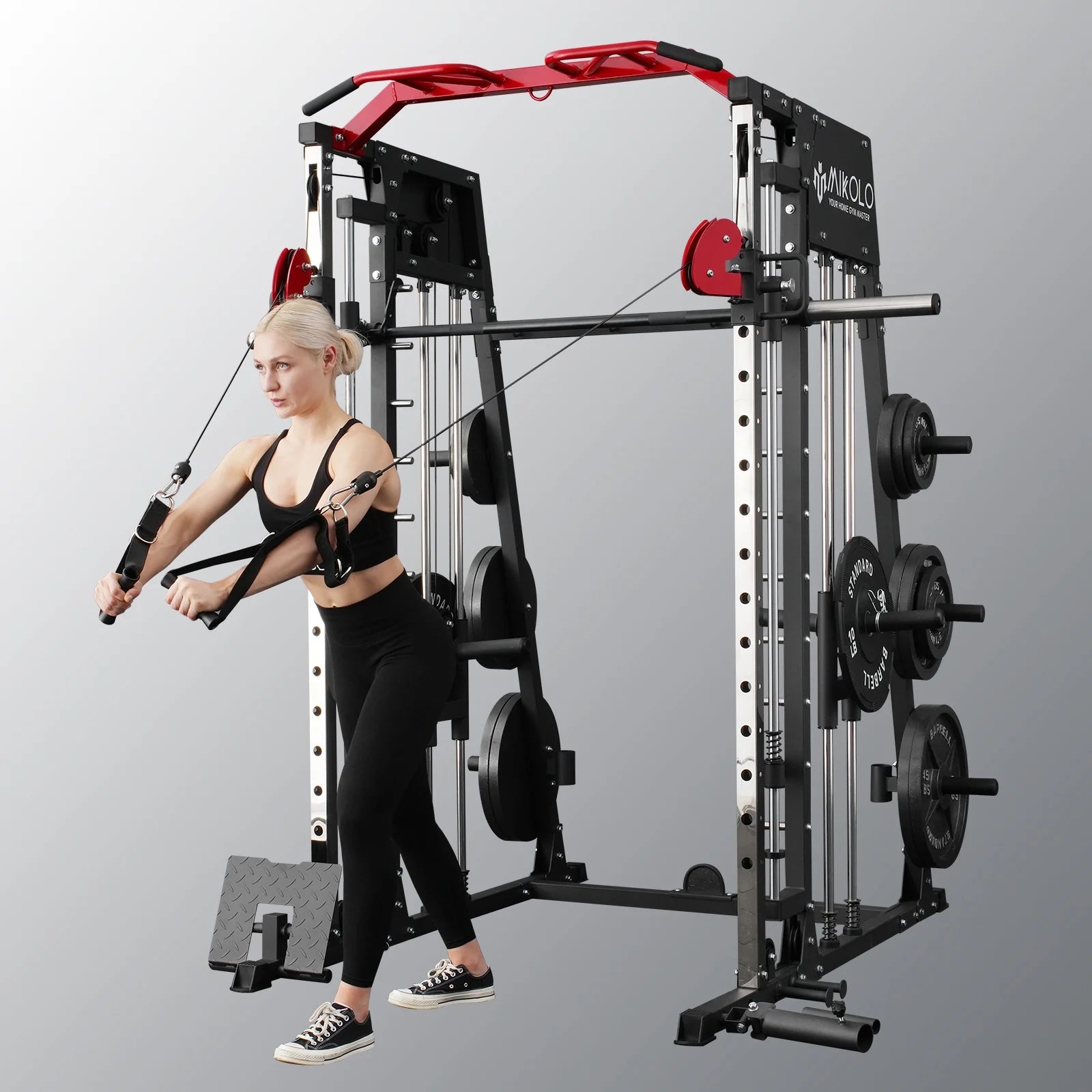Smith Machine Home Gym System - 2200 lbs Power Rack with Cable Crossover, Weight Bar, 360° Landmine, Barbell Holders, and Additional Attachments for Comprehensive Total Body Strength Training
