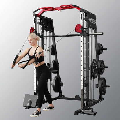 Smith Machine Home Gym System - 2200 lbs Power Rack with Cable Crossover, Weight Bar, 360° Landmine, Barbell Holders, and Additional Attachments for Comprehensive Total Body Strength Training
