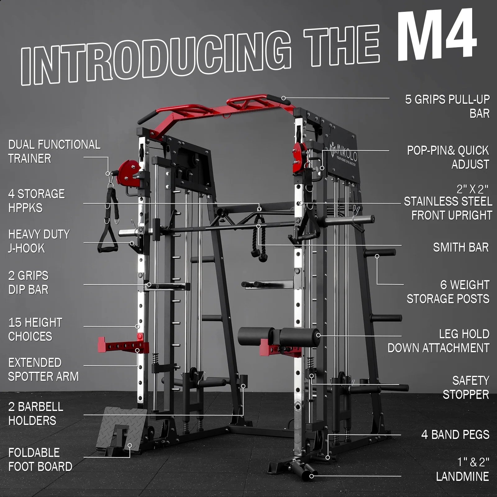 Smith Machine Home Gym System - 2200 lbs Power Rack with Cable Crossover, Weight Bar, 360° Landmine, Barbell Holders, and Additional Attachments for Comprehensive Total Body Strength Training