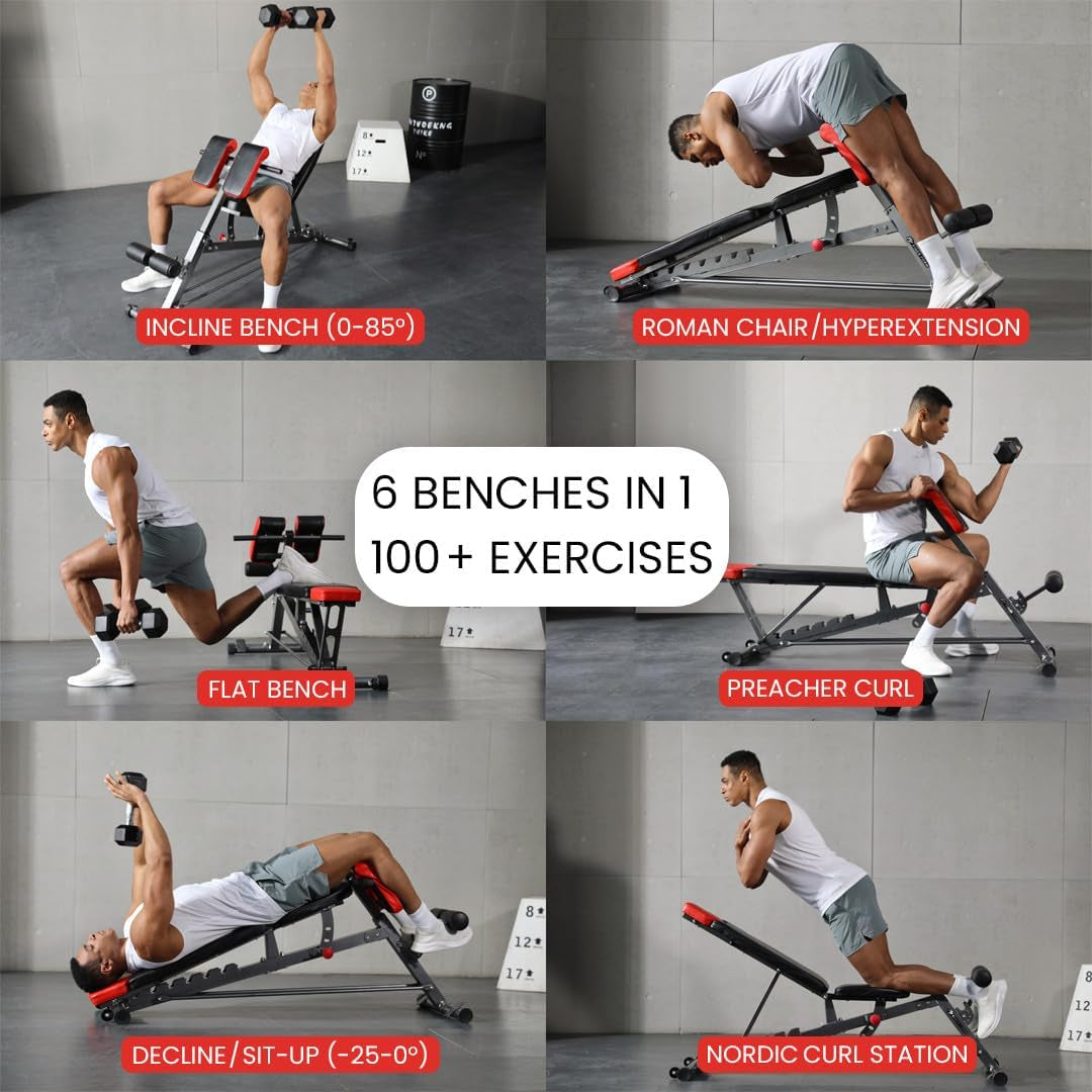 Versatile FID Weight Bench for Comprehensive Body Training – Includes Hyper Back Extension, Roman Chair, Adjustable Ab Sit-Up Bench, Incline/Decline Bench, and Flat Bench