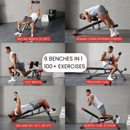 Versatile FID Weight Bench for Comprehensive Body Training – Includes Hyper Back Extension, Roman Chair, Adjustable Ab Sit-Up Bench, Incline/Decline Bench, and Flat Bench