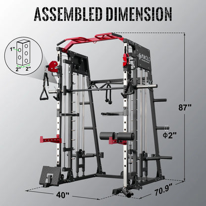 Smith Machine Home Gym System - 2200 lbs Power Rack with Cable Crossover, Weight Bar, 360° Landmine, Barbell Holders, and Additional Attachments for Comprehensive Total Body Strength Training