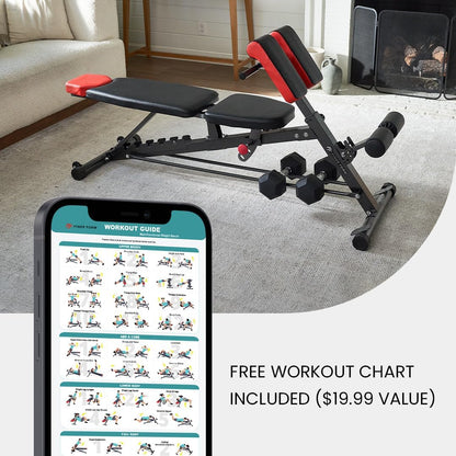 Versatile FID Weight Bench for Comprehensive Body Training – Includes Hyper Back Extension, Roman Chair, Adjustable Ab Sit-Up Bench, Incline/Decline Bench, and Flat Bench