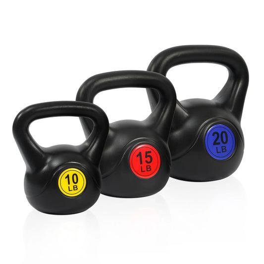 Wide Grip Kettlebell Fitness Set - 3-Piece Collection (10 lb, 15 lb, and 20 lb)
