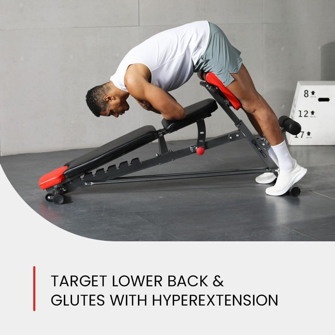 Versatile FID Weight Bench for Comprehensive Body Training – Includes Hyper Back Extension, Roman Chair, Adjustable Ab Sit-Up Bench, Incline/Decline Bench, and Flat Bench