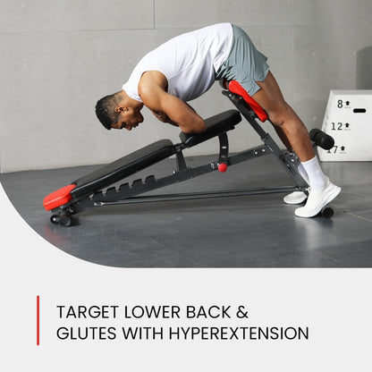 Versatile FID Weight Bench for Comprehensive Body Training – Includes Hyper Back Extension, Roman Chair, Adjustable Ab Sit-Up Bench, Incline/Decline Bench, and Flat Bench