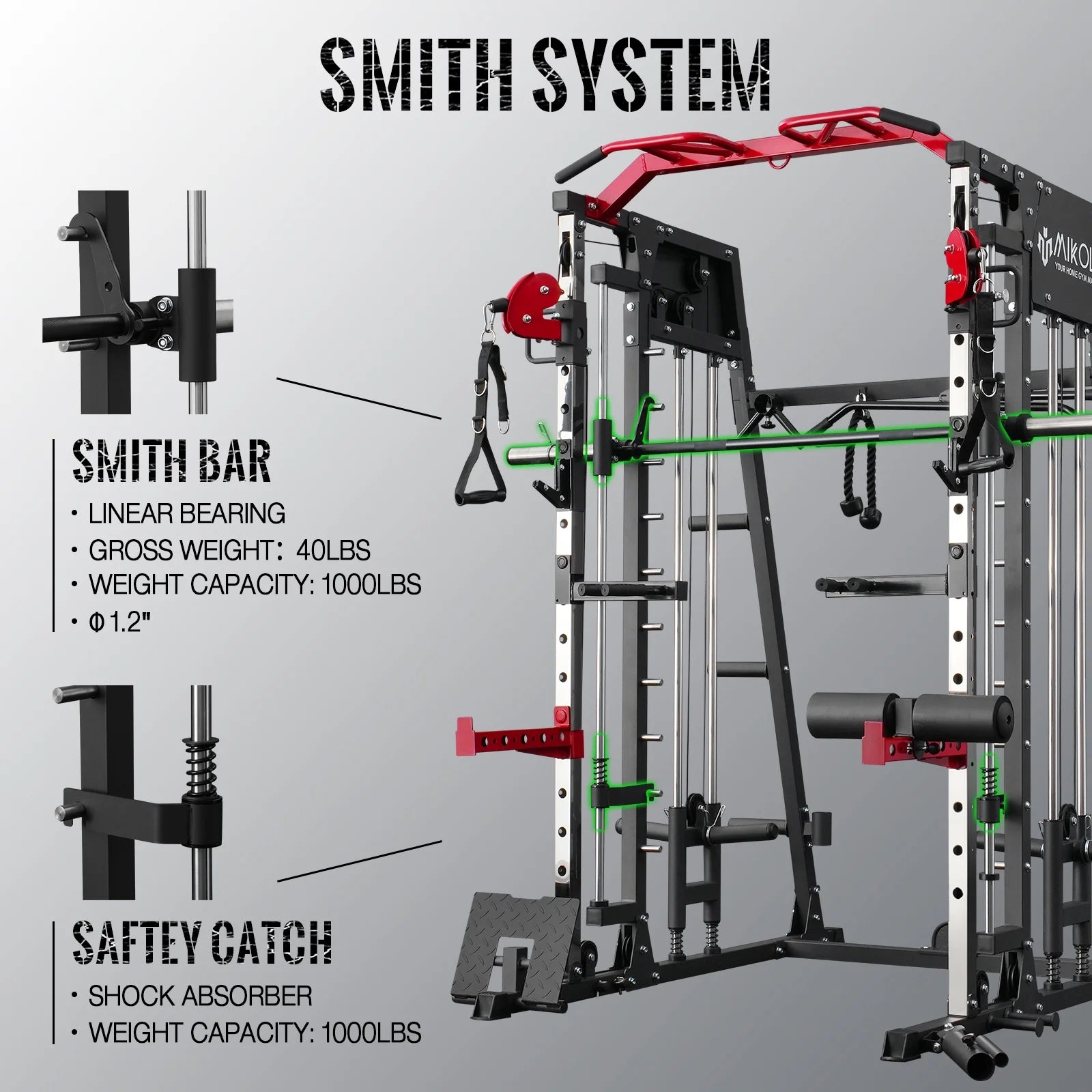 Smith Machine Home Gym System - 2200 lbs Power Rack with Cable Crossover, Weight Bar, 360° Landmine, Barbell Holders, and Additional Attachments for Comprehensive Total Body Strength Training