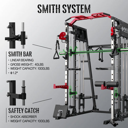 Smith Machine Home Gym System - 2200 lbs Power Rack with Cable Crossover, Weight Bar, 360° Landmine, Barbell Holders, and Additional Attachments for Comprehensive Total Body Strength Training